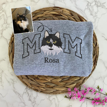 Custom Embroidered Cat Mom Sweatshirt, Custom Cat Hoodie, Cat Lover Gift, Personalized Gift For Mom, Christmas Gift