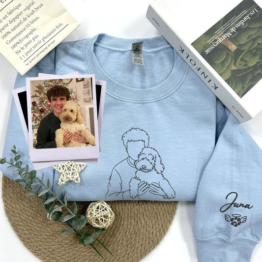 Custom Embroidered Dog Dad Sweatshirt, Dog Mom Crewneck, Pet and Owner Portrait Embroidery