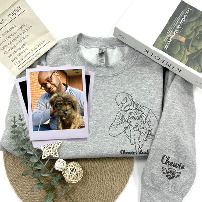 Custom Embroidered Dog Dad Sweatshirt, Dog Mom Crewneck, Pet and Owner Portrait Embroidery