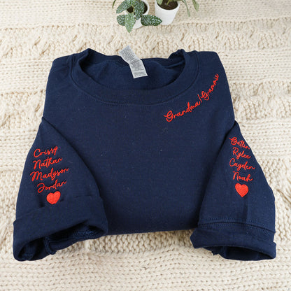 Custom Embroidered Grandma, Grammie Neckline Sweatshirt & Hoodie – Personalized Names on Sleeve