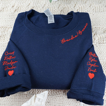 Custom Embroidered Grandma, Grammie Neckline Sweatshirt & Hoodie – Personalized Names on Sleeve