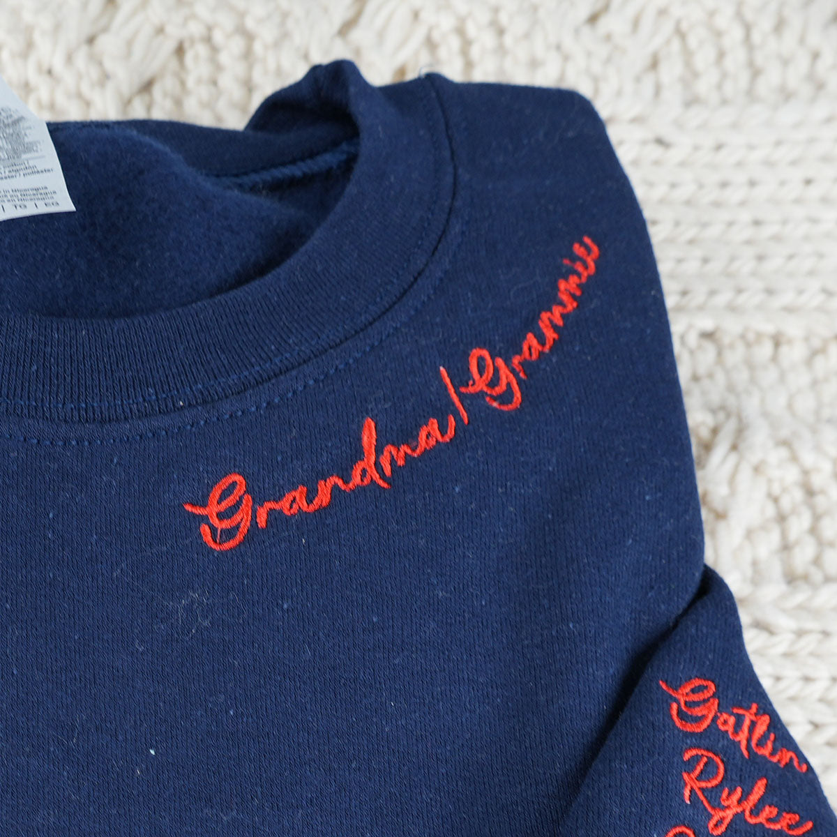 Custom Embroidered Grandma, Grammie Neckline Sweatshirt & Hoodie – Personalized Names on Sleeve