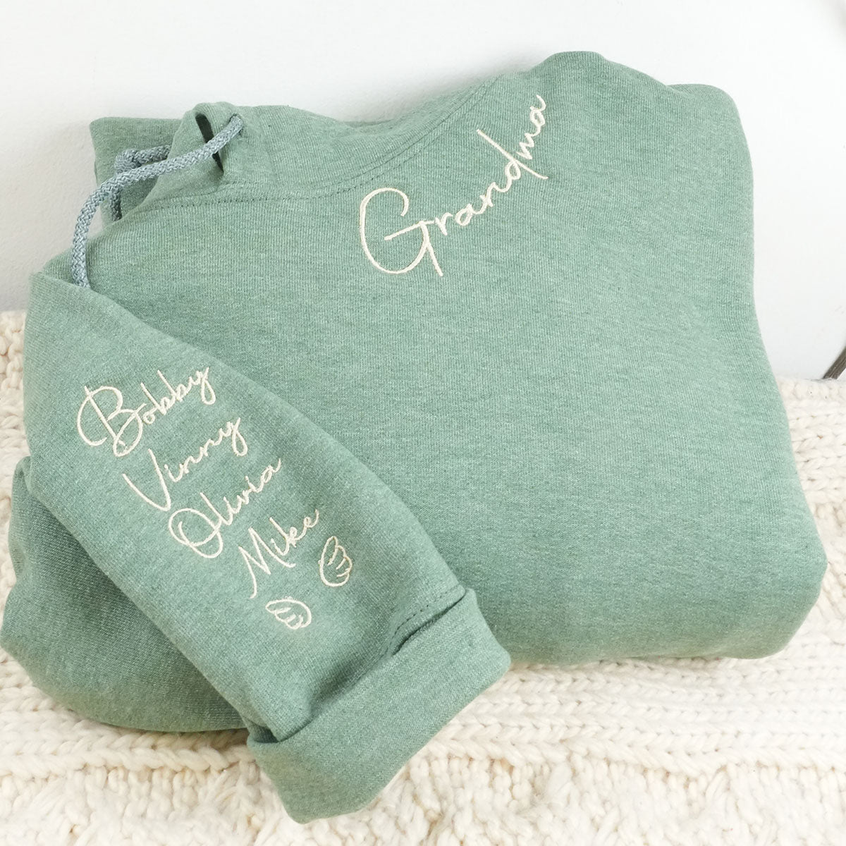 Custom Grandma Embroidered Sweatshirt Hoodie - Personalized Neckline Names Sleeve Gift
