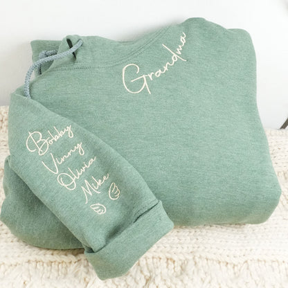 Custom Grandma Embroidered Sweatshirt Hoodie - Personalized Neckline Names Sleeve Gift