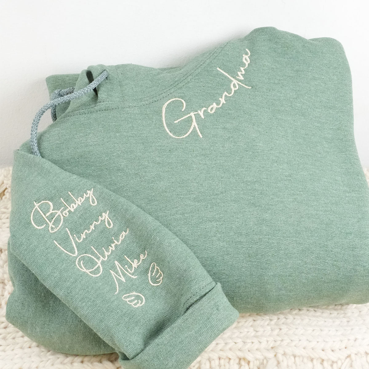 Custom Grandma Embroidered Sweatshirt Hoodie - Personalized Neckline Names Sleeve Gift