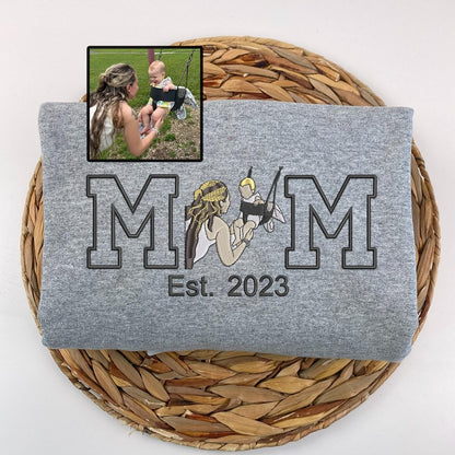 Custom Embroidered Hoodie with Mama and Kids Portrait – Varsity Style Sweater, Personalized Gift for Mom