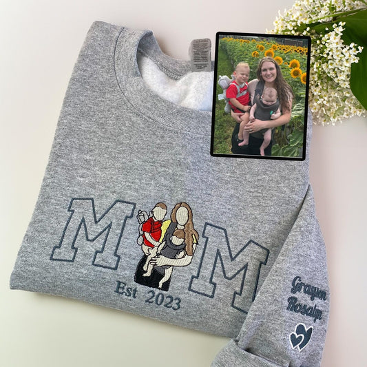 Custom Embroidered Hoodie with Mama and Kids Portrait – Varsity Style Sweater, Personalized Gift for Mom