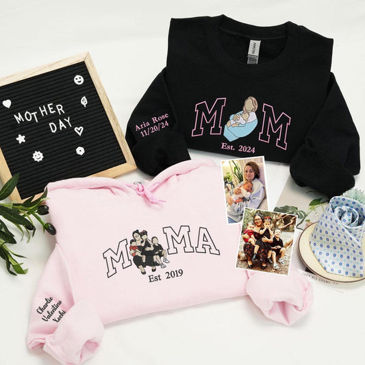 Mama Sweatshirt with Photo, Custom Embroidered Hoodie Mama and Kids Portrait, Varsity Sweatshirt, Family Portrait Hoodie, Christmas Gift For Mom