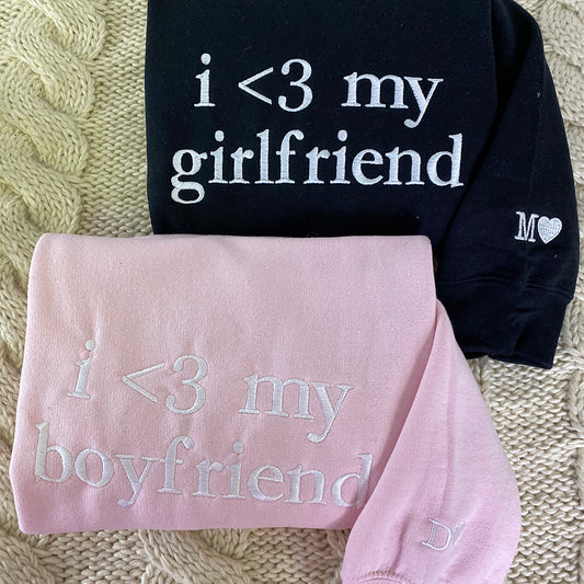 Custom Embroidered I Love My Boyfriend & Girlfriend Sweatshirt Hoodie with Initials on Sleeve
