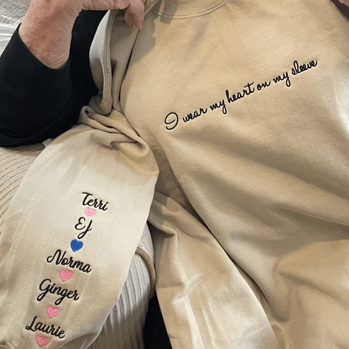 Custom Embroidered I Wear My Heart On Sleeve Sweatshirt Hoodie with Dog Ear on Sleeve