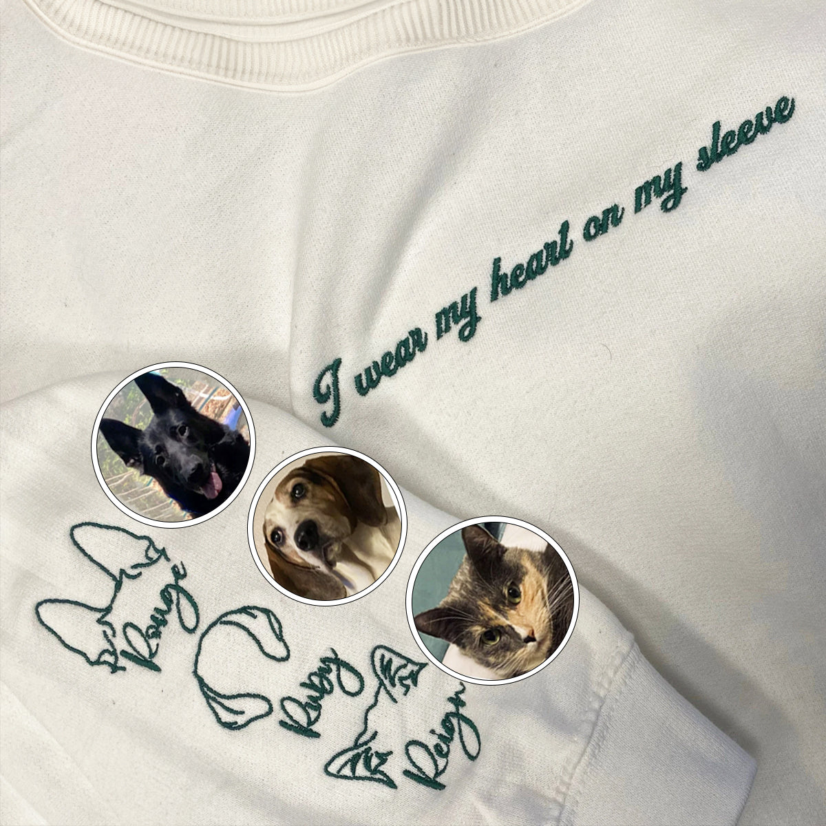 Custom Embroidered I Wear My Heart On Sleeve Sweatshirt Hoodie with Dog Ear on Sleeve