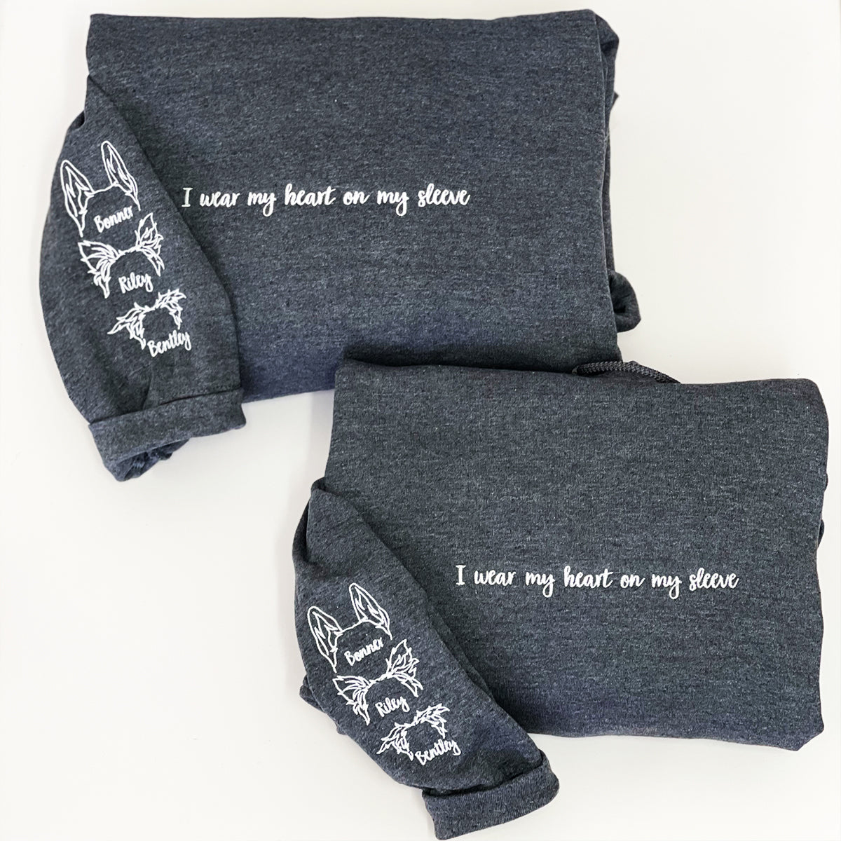 Custom Embroidered I Wear My Heart On Sleeve Sweatshirt Hoodie with Dog Ear on Sleeve