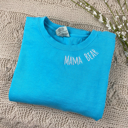 Custom Embroidered Mama Bear Sweatshirt - Neckline Design, Personalized Gift for Mom