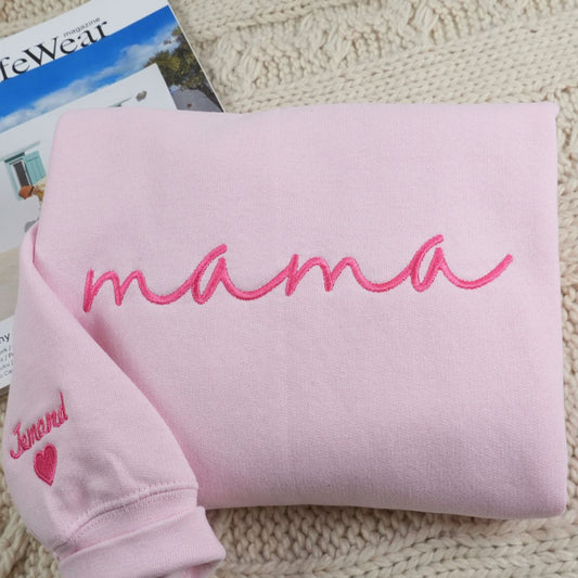 Custom Embroidered Mama Sweatshirt With Kids Names On Sleeve, Personalized Mom Embroidery Hoodie, Mother's Day Gift