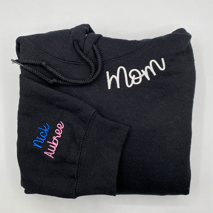 Custom Embroidered Mom Sweatshirts & Hoodies - Personalized Crewneck with Kids Name on Sleeve