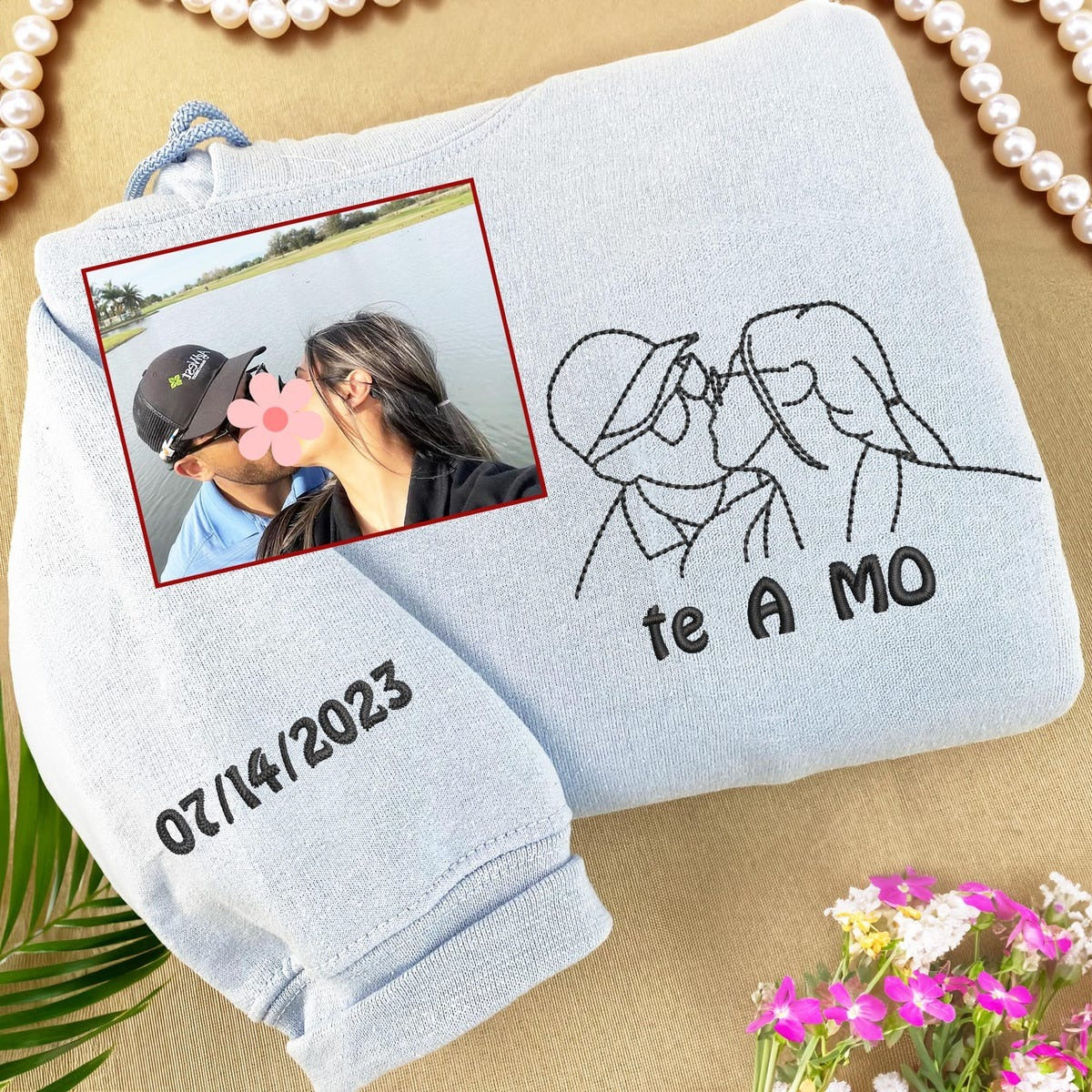 Custom Picture Embroidered Hoodies, Embroidered Couple Portrait Sweatshirt, Christmas Gift for Couple
