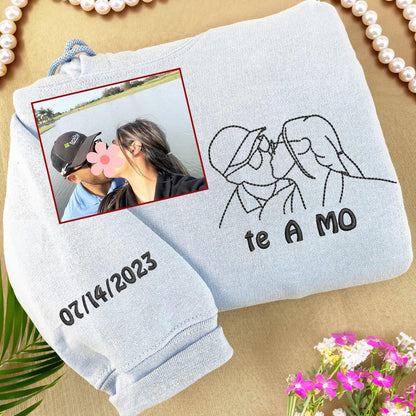 Custom Picture Embroidered Hoodies, Embroidered Couple Portrait Sweatshirt, Christmas Gift for Couple