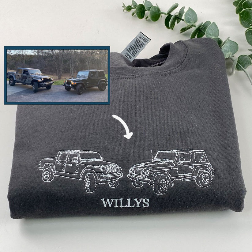 Custom Embroidered Sweatshirts & Hoodies - Personalized Car Line Art Portrait from Your Photo