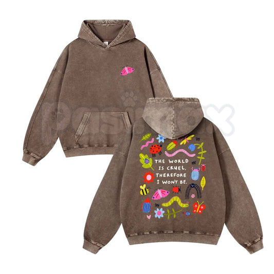 Cute Bug Print Pink Washed Hoodie – Vintage Aesthetic Pullover, Relaxed Streetwear Style-Pasimax