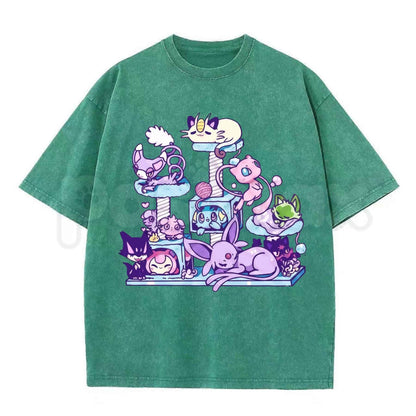 Cute Kitty Aesthetic Anime Tee – Kawaii Neko Graphic T-Shirt, Vintage Washed Japanese Pop Art Lightweight Cotton Unisex Streetwear To-Pasimax
