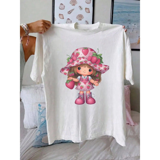 Cute Strawberry Print Short Top T-Shirt - Women's Loose Fit Summer Wear, Casual Graphic Tee-Pasimax
