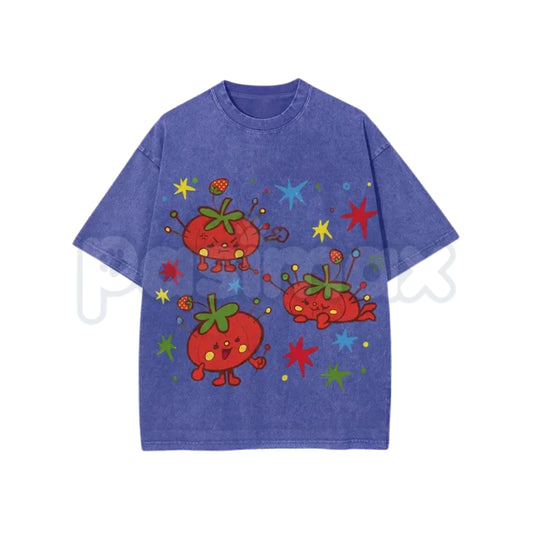 Cute Tomato Party Print T-Shirt – Retro Garden Vegetable Graphic Tee, Lightweight Vintage Washed Cotton Summer Top-Pasimax