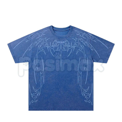 Cyber Sigilism Gothic Tribal Acid Wash T-Shirt – Retro Y2K Alt Dark Aesthetic Graphic Tee, Vintage Washed Lightweight Cotton Unisex Streetwear Top-Pasimax