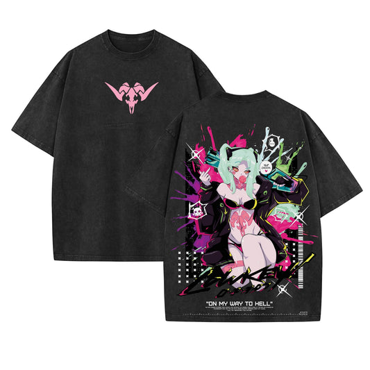 Cyberpunk Edgerunners Rebecca Tee – Acid Washed Double Print Heavyweight Anime Shirt-Pasimax