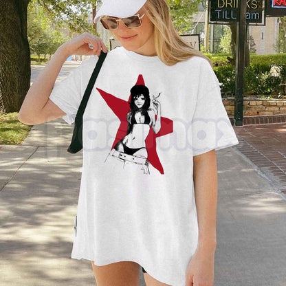 Cyberpunk Red Star Anime Girl T-Shirt – Vintage Futurist Unisex Graphic Tee-Pasimax
