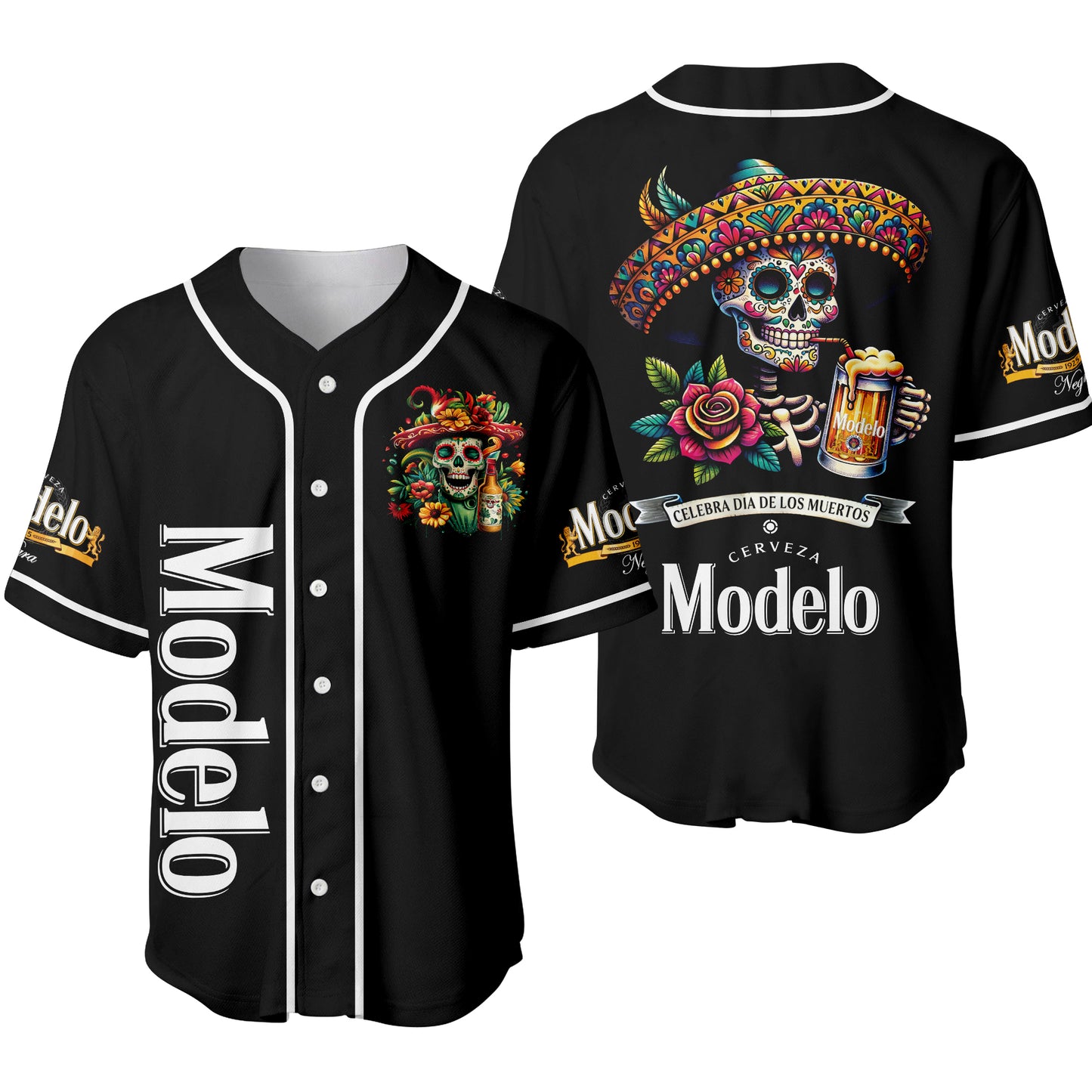Día de los Muertos All-Black Skull Baseball Jersey – Modelo Negra Unisex Shirt-Pasimax