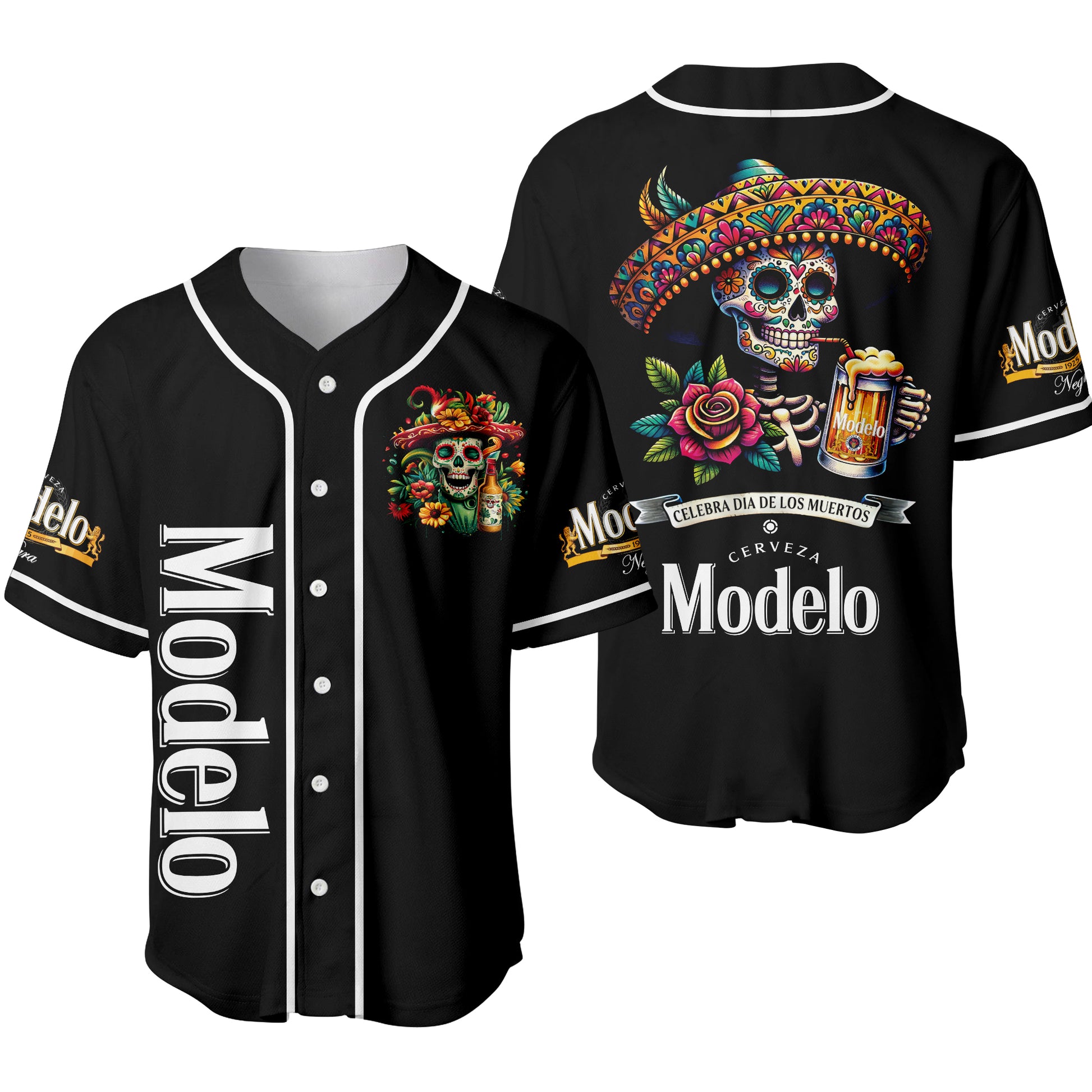 Día de los Muertos All-Black Skull Baseball Jersey – Modelo Negra Unisex Shirt-Pasimax
