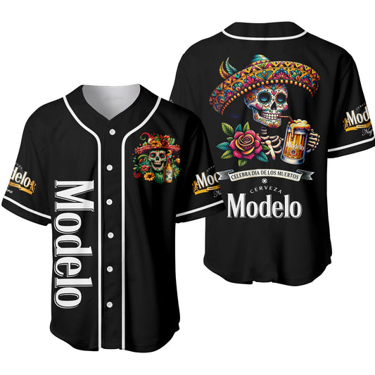 Día de los Muertos All-Black Skull Baseball Jersey – Modelo Negra Unisex Shirt-Pasimax