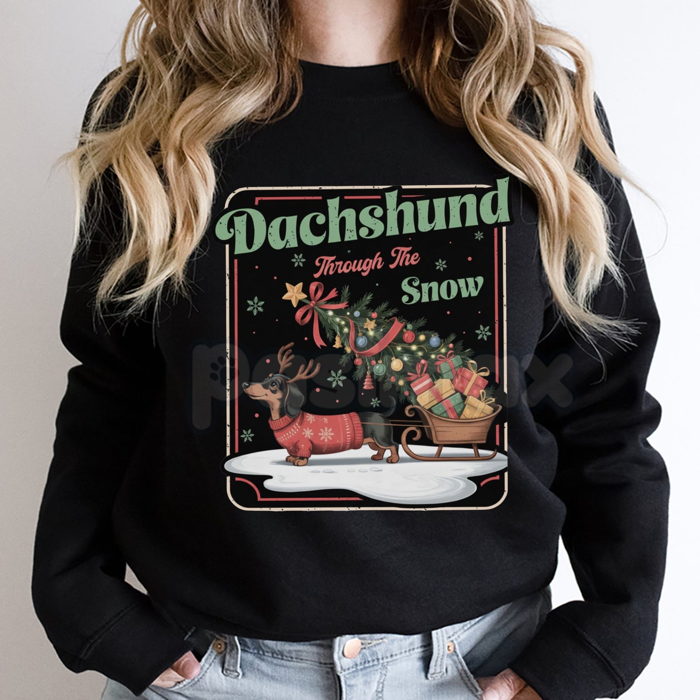 Dachshund Through The Snow Sweatshirt | Cute Dog Pun Christmas Crewneck | Wiener Dog Holiday Jumper | Festive Pet Lover Gift-Pasimax