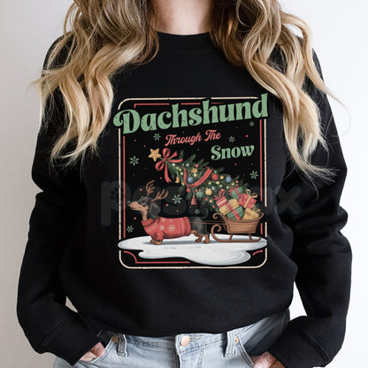 Dachshund Through The Snow Sweatshirt | Cute Dog Pun Christmas Crewneck | Wiener Dog Holiday Jumper | Festive Pet Lover Gift-Pasimax