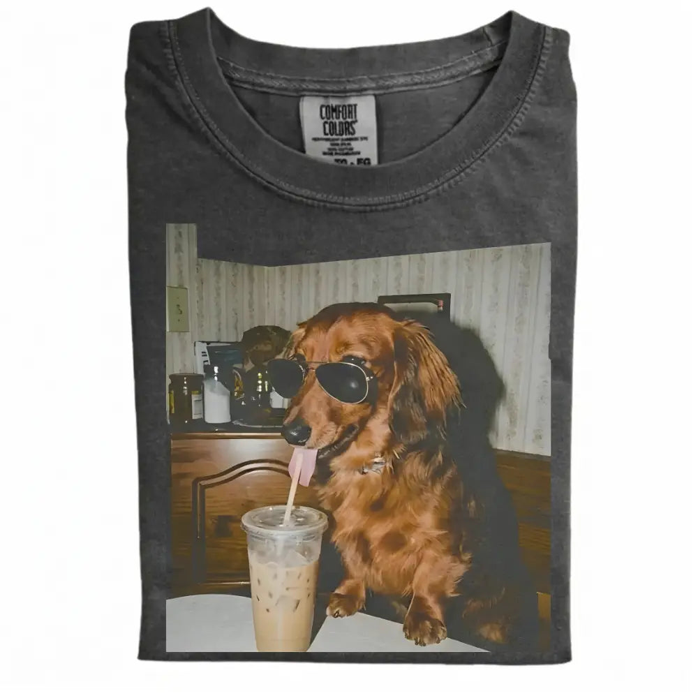 Comfort Colors® Custom Dog Breeds Drinking Iced Coffee T-Shirt – Vintage 90s Funny Edgy Dog Meme Tee, Aesthetic Coffee Lover Dog Mom Gift Shirt