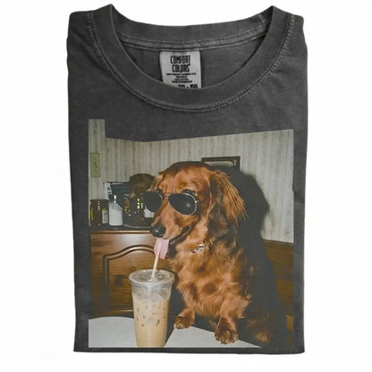 Comfort Colors® Custom Dog Breeds Drinking Iced Coffee T-Shirt – Vintage 90s Funny Edgy Dog Meme Tee, Aesthetic Coffee Lover Dog Mom Gift Shirt
