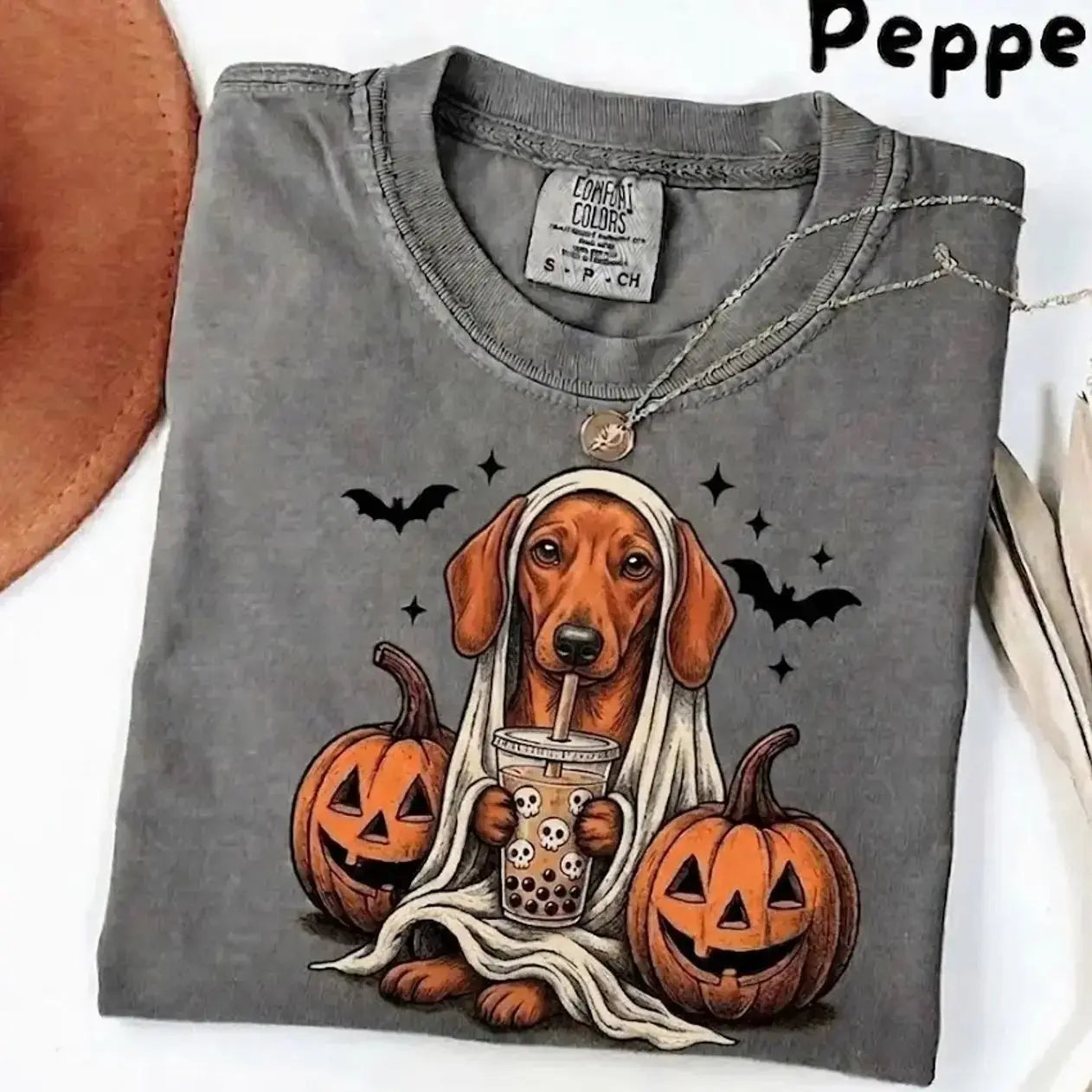 Comfort Colors® Pepper Dog Ghost & Boba Tea Halloween T-Shirt – Custom Dog Breeds Spooky Season Graphic Tee, Vintage Pet Lover Unisex Top
