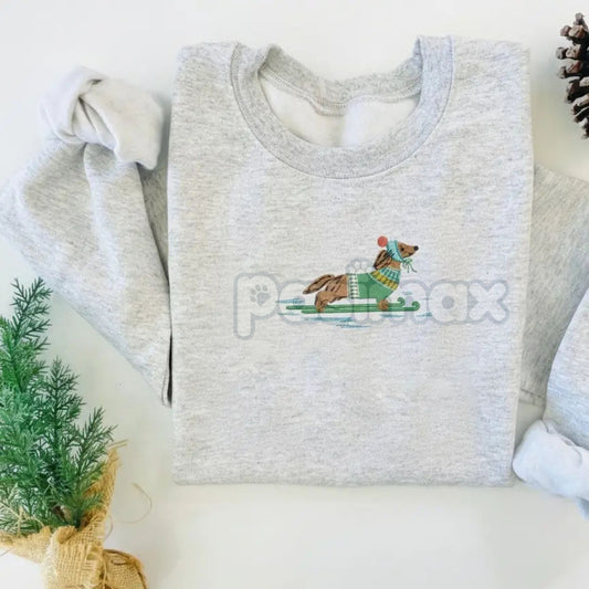 Dachshund on Skis Embroidered Sweatshirt – Funny Christmas Dog Crewneck-Pasimax
