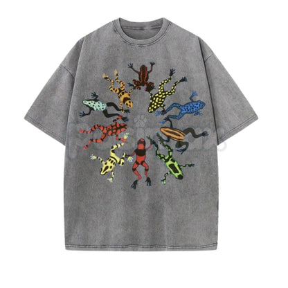 Dancing Frog Feast Print T-Shirt – Retro Cottagecore Amphibian Graphic Tee, Lightweight Vintage Washed Cotton Whimsical Top-Pasimax