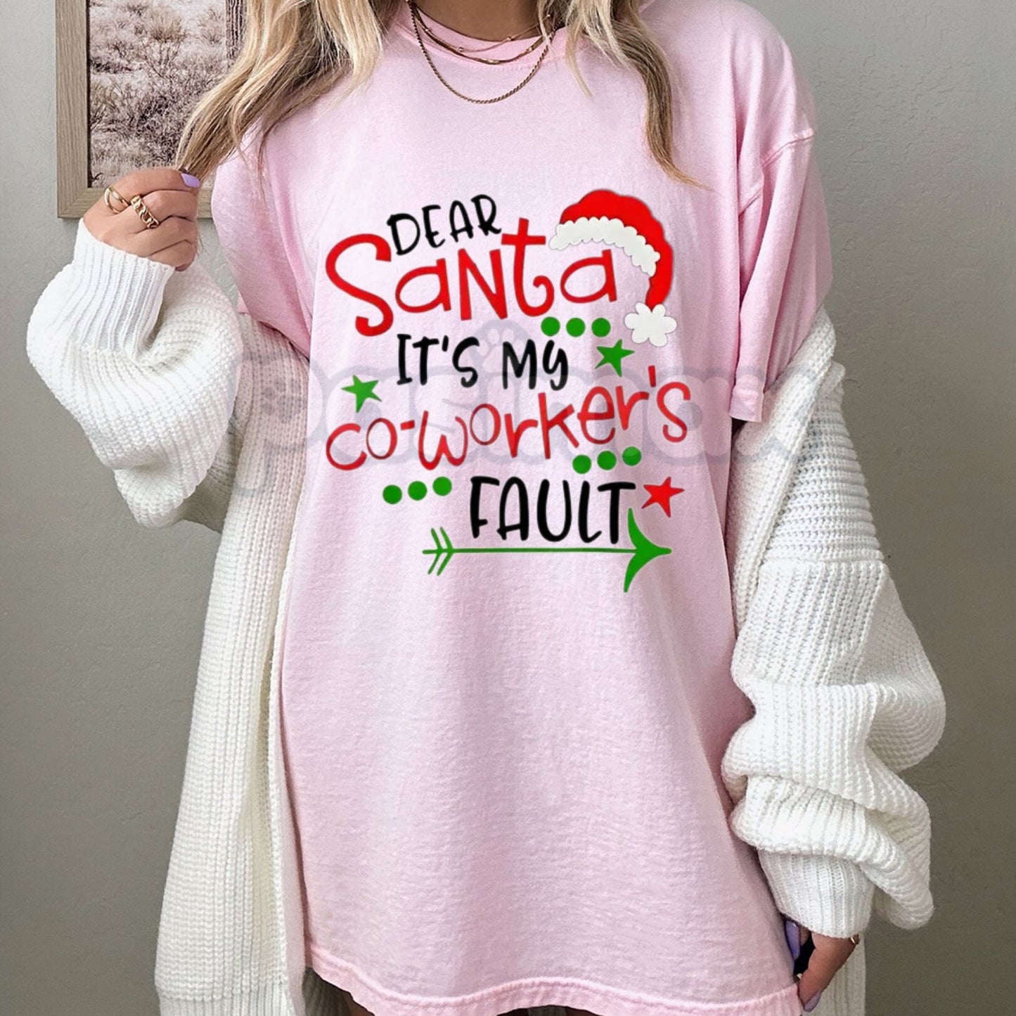 "Dear Santa It's My Coworker's Fault" T-Shirt - Funny Office Christmas Gift Women Plus Size, Santa Hat Print Holiday Tee, Workplace Humor Apparel-Pasimax