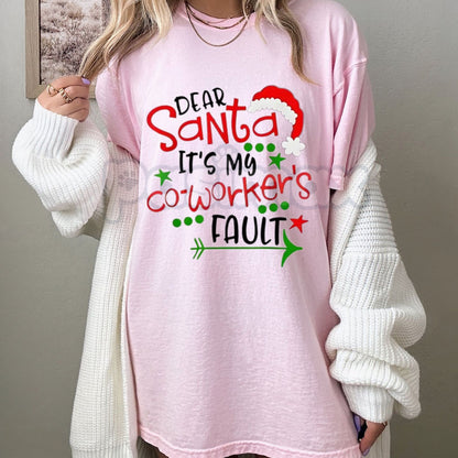 "Dear Santa It's My Coworker's Fault" T-Shirt - Funny Office Christmas Gift Women Plus Size, Santa Hat Print Holiday Tee, Workplace Humor Apparel-Pasimax