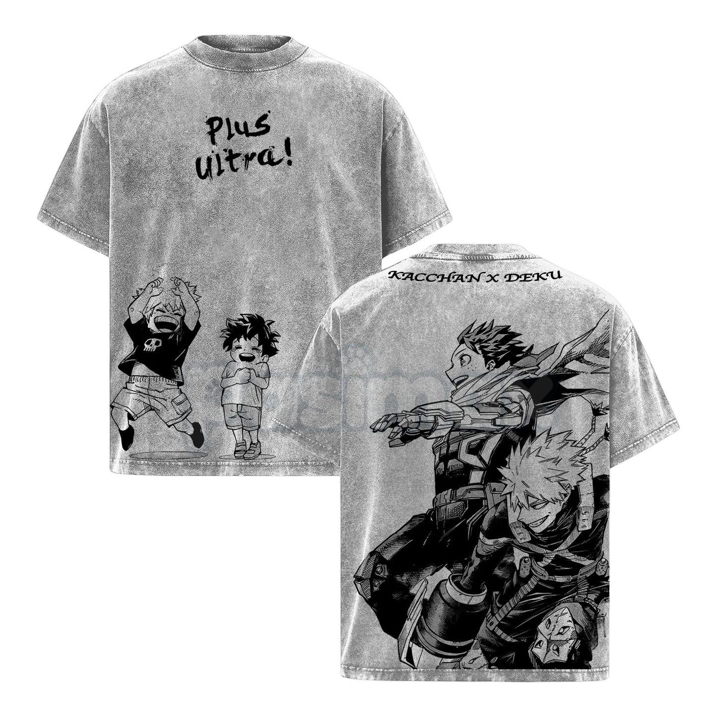 Deku & Bakugo Vintage Oversize Washed T-Shirt – My Hero Academia Heavy Cotton Graphic Tee, Retro Anime Streetwear-Pasimax