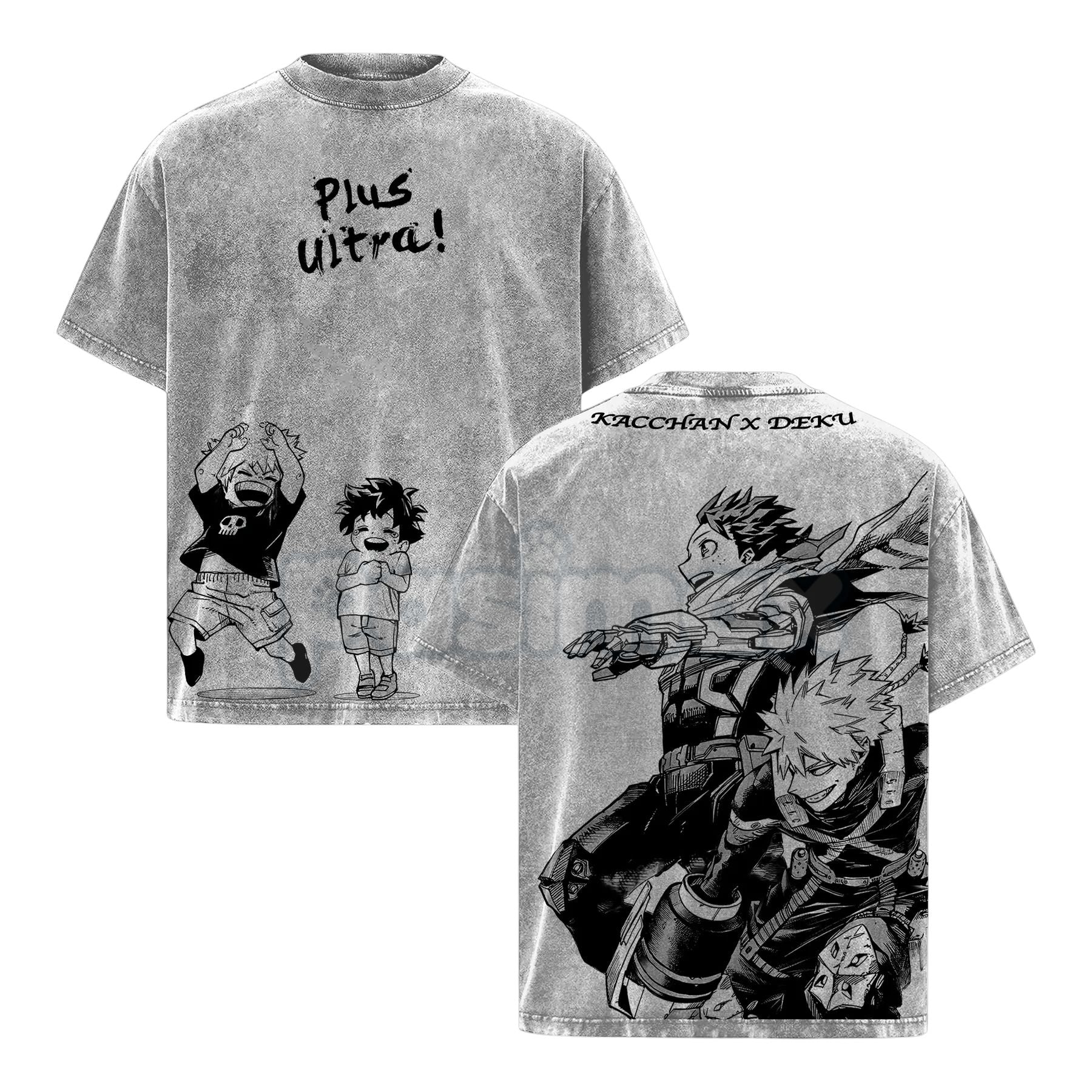 Deku & Bakugo Vintage Oversize Washed T-Shirt – My Hero Academia Heavy Cotton Graphic Tee, Retro Anime Streetwear-Pasimax