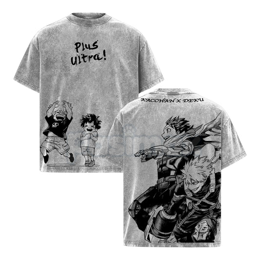 Deku & Bakugo Vintage Oversize Washed T-Shirt – My Hero Academia Heavy Cotton Graphic Tee, Retro Anime Streetwear-Pasimax