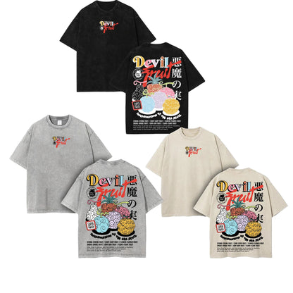 Devil Fruit One Piece Washed Tee – Vintage Manga Graphic Shirt, Oversized Streetwear-Pasimax