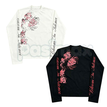 Diagonal Floral Distressed Print Dual Sleeve Script Long Sleeve Tee – Vintage Floral Graphic Shirt for Men & Women-Pasimax