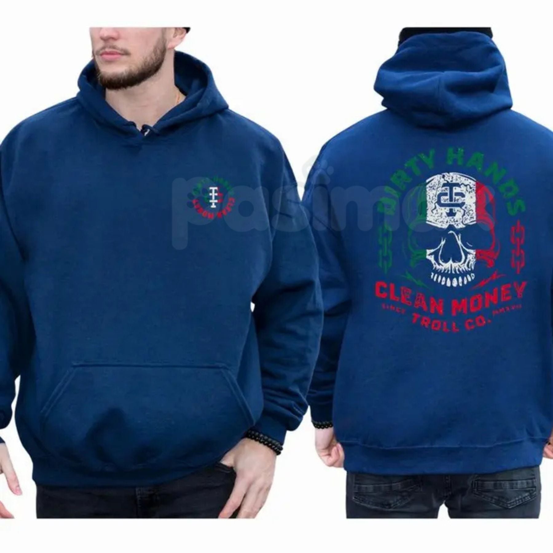 Dirty Hands Clean Money Mexican Flag Skull 2-Sided Hoodie – Hard Work Ethic & Heritage Pullover, Unisex Chicano Streetwear-Pasimax