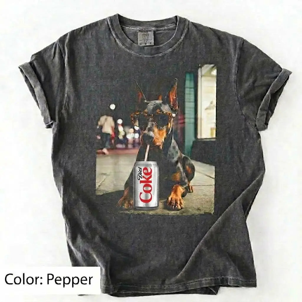 Comfort Colors® Dog Breeds Drinking Diet Coke T-Shirt – Funny Dog Dad Soda Lover Graphic Tee, Aesthetic Retro Puppy Animal Meme Shirt, Cute Pet Gift