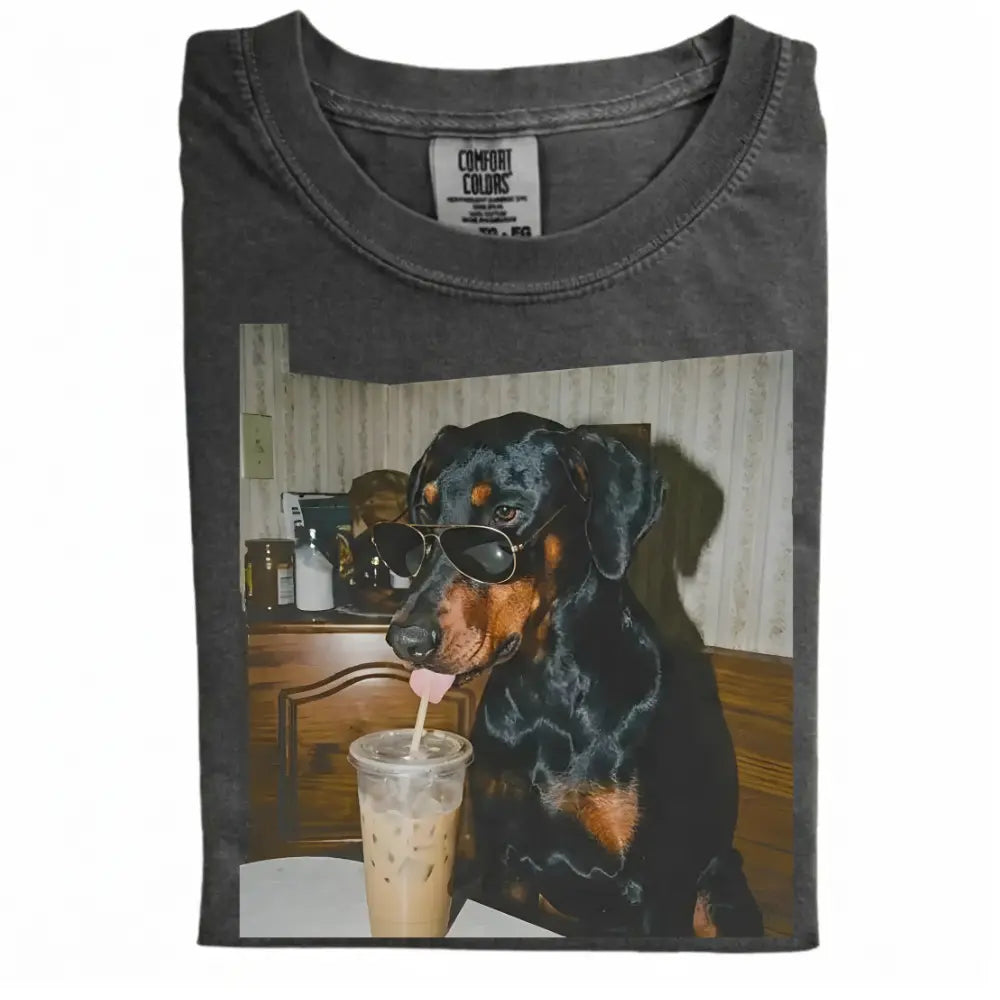Comfort Colors® Custom Dog Breeds Drinking Iced Coffee T-Shirt – Vintage 90s Funny Edgy Dog Meme Tee, Aesthetic Coffee Lover Dog Mom Gift Shirt