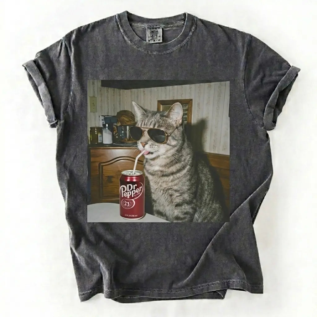 Comfort Colors® Vintage Cat Breeds Drinking Soda T-Shirt – Retro 90s Funny Edgy Cat Meme Graphic Tee, Aesthetic Quirky Animal Lover Unisex Top